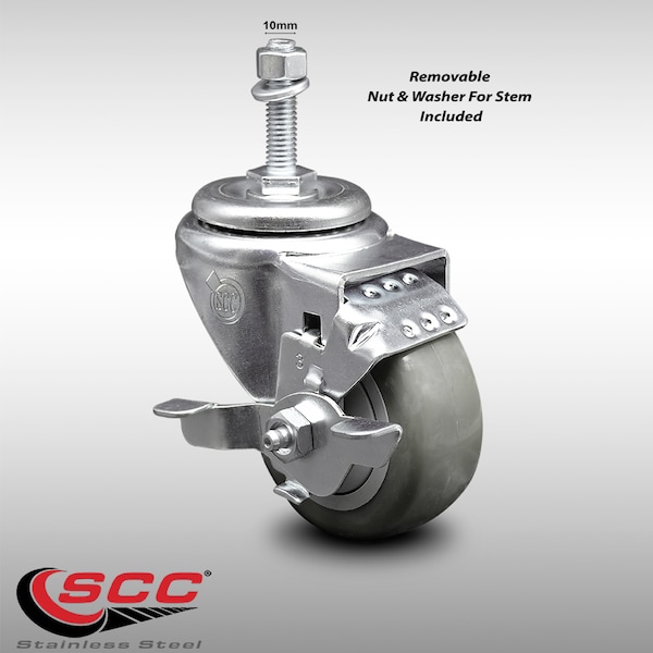 3 Inch SS Gray Polyurethane Swivel 10mm Threaded Stem Caster with Brake SCC